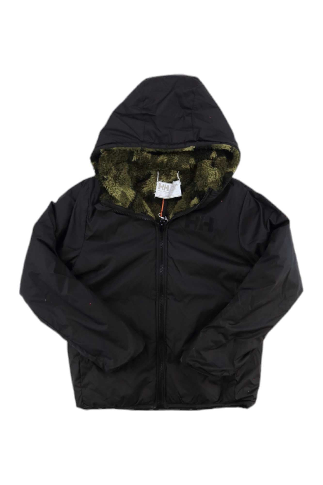 Kids reversible jacket, black with green fleece-lined hood and full zip