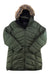 The Marmot Womens Montreal Down Coat is a green, quilted winter jacket with a front zipper, brown faux fur-trimmed hood, water-resistant fabric, and the Marmot logo on the chest.
