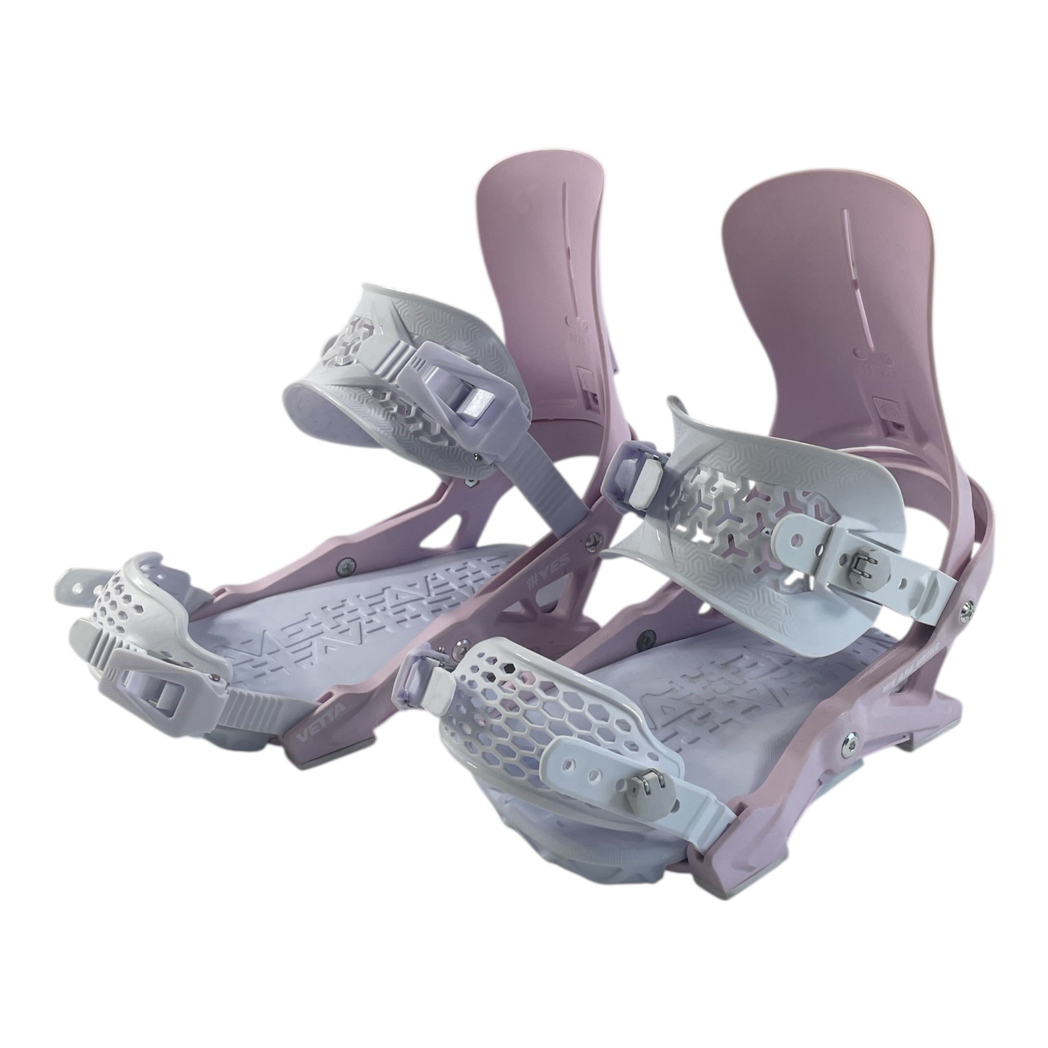 The YES Vetta Snowboard Bindings in lavender and white feature adjustable straps and highbacks, securing boots to your snowboard for responsive control on the slopes.
