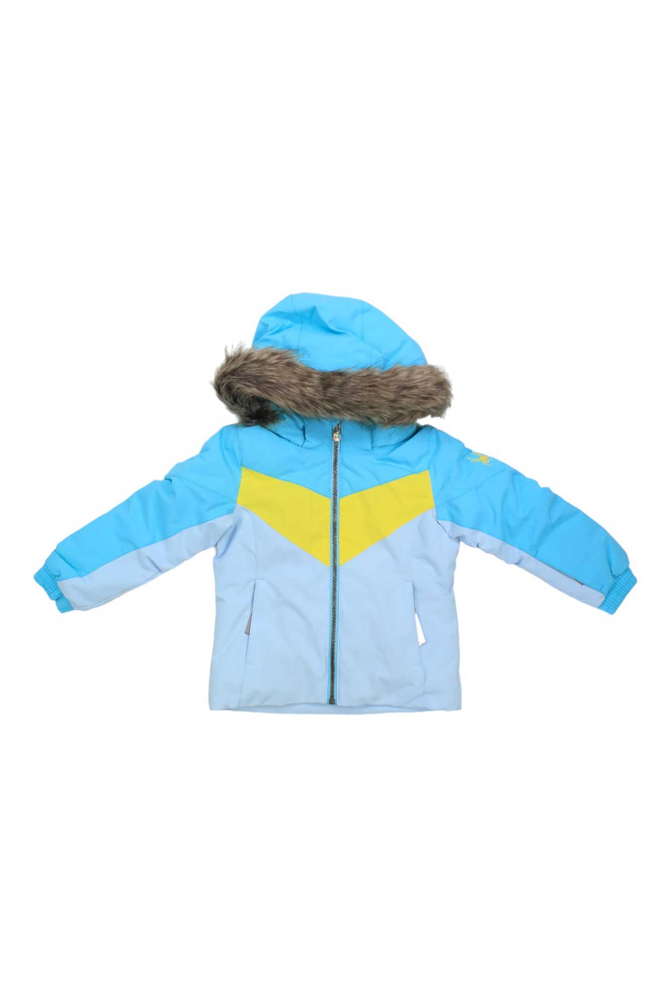 Light blue toddler winter jacket with faux fur-trim hood, front zipper, yellow stripe