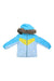 Light blue toddler winter jacket with faux fur-trim hood, front zipper, yellow stripe