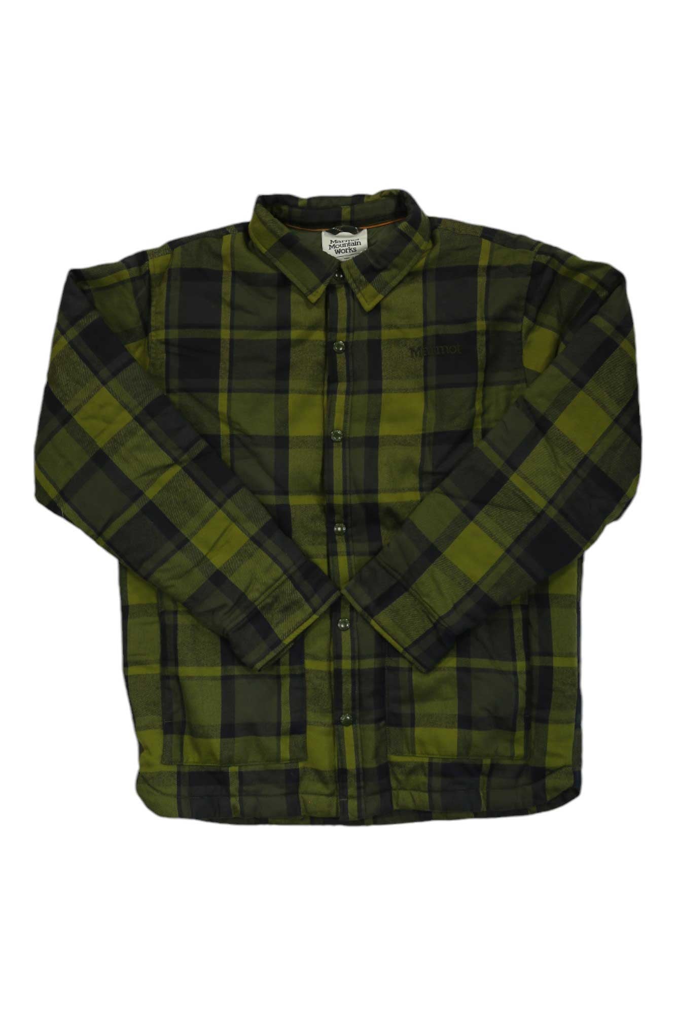 The Mens Lanigan Flannel Chore Coat, featuring a green and black plaid design with a collar and long sleeves, is made from recycled materials and shown laid flat on a white background.