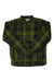 The Mens Lanigan Flannel Chore Coat, featuring a green and black plaid design with a collar and long sleeves, is made from recycled materials and shown laid flat on a white background.
