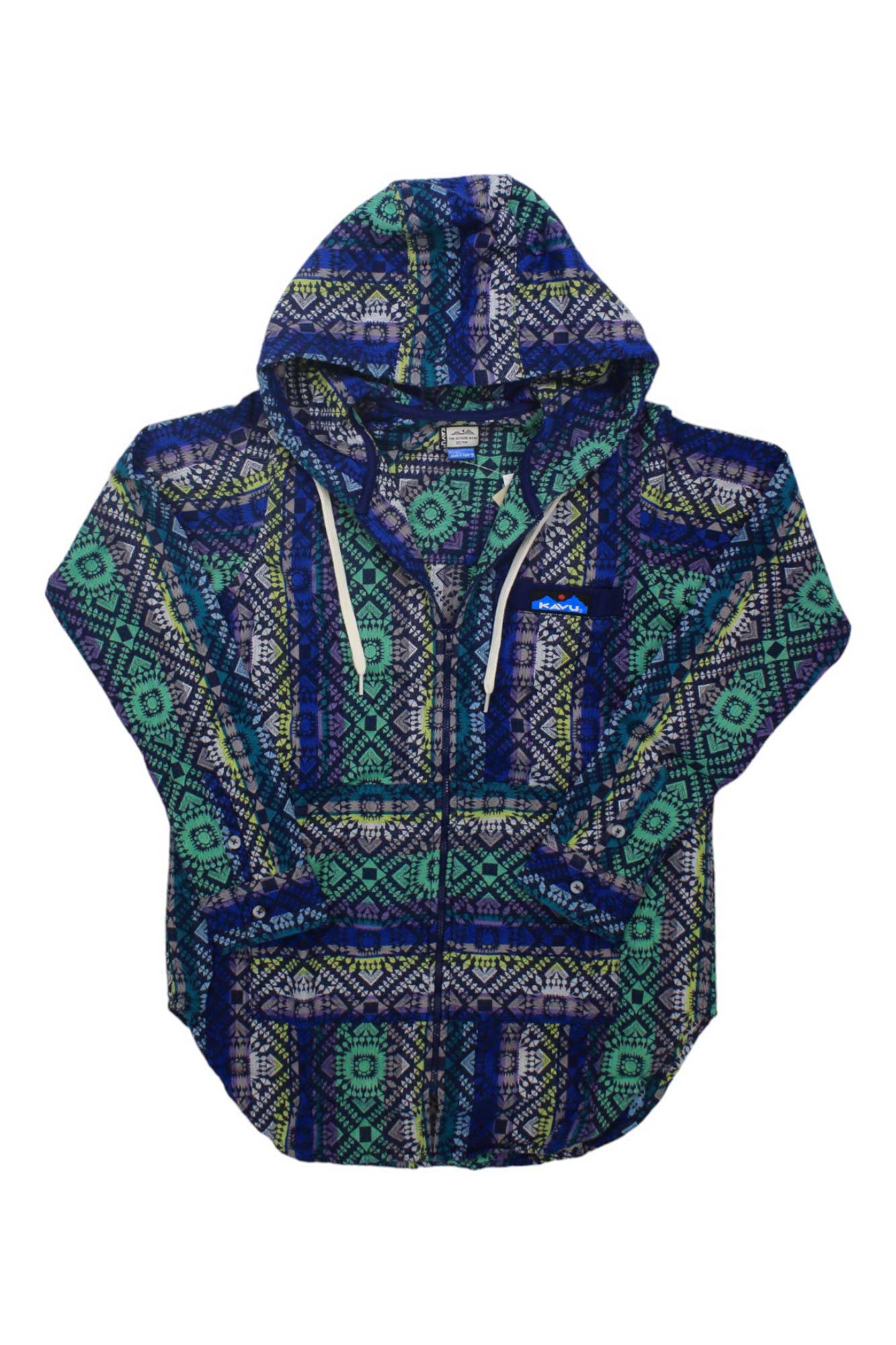 The KAVU Women's Saratoga Shirt Jacket is a cotton flannel with a vibrant geometric pattern in blue, green, and yellow. It features long sleeves, a hood with cream drawstrings, and a front zipper. Displayed flat on a white background.