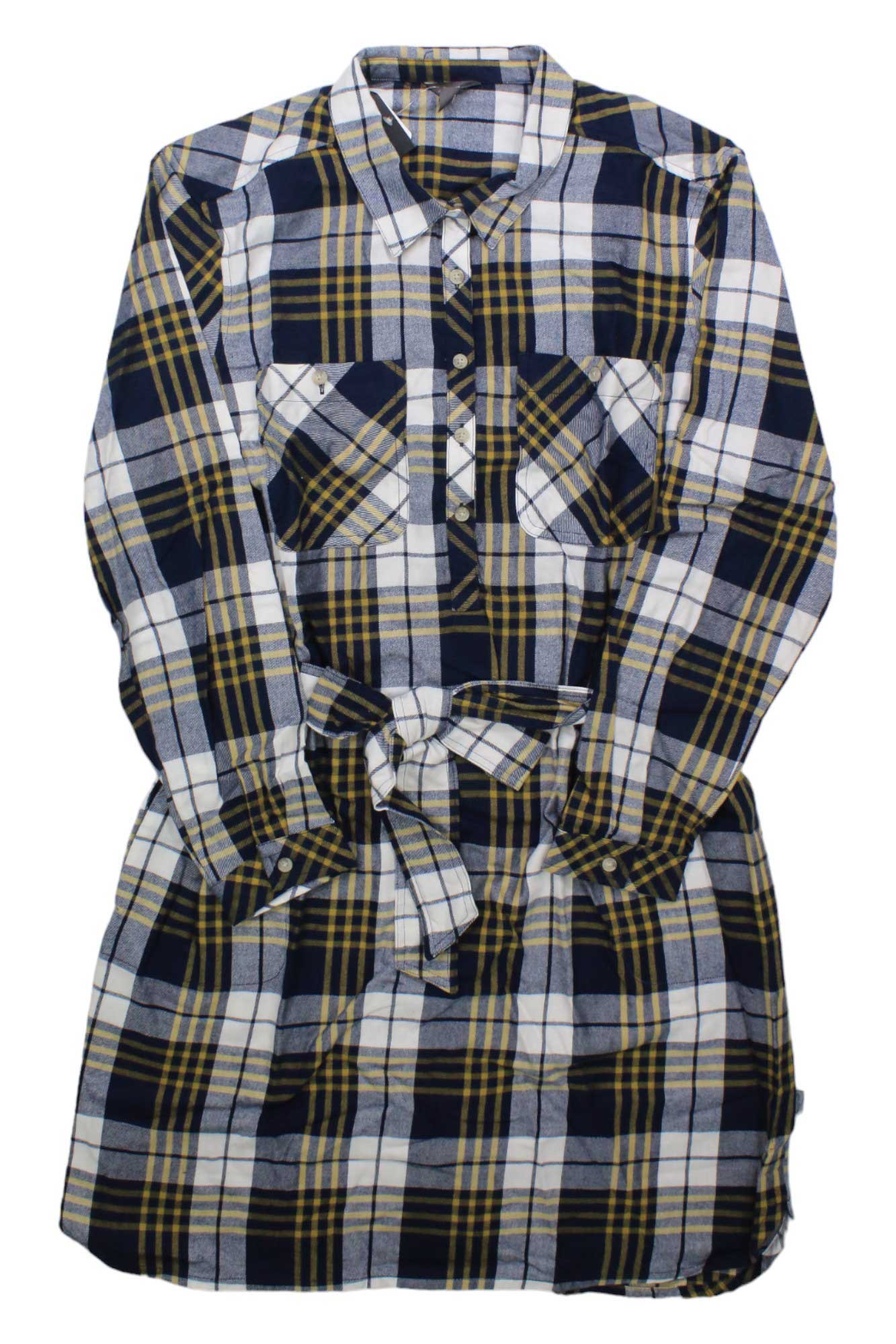 The Eddie Bauer Women’s Fremont Flannel Dress features long sleeves, navy/yellow/white plaid, front chest pockets, buttons, a collar, and a matching fabric waist belt.