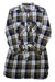 The Eddie Bauer Women’s Fremont Flannel Dress features long sleeves, navy/yellow/white plaid, front chest pockets, buttons, a collar, and a matching fabric waist belt.
