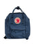 A dark blue, water-resistant Fjallraven Kanken Mini backpack with a front pocket, top handles, adjustable shoulder straps, and a round red-and-white logo patch on the front. The bag is shown against a plain white background.