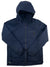 Dark navy hooded 3L jacket with full-length zipper and snap pocket flap