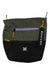 The Sherpani Women's Sadie Cross Body Bag is a small, two-tone bag made from recycled materials, featuring an olive green upper half, black lower half, front pocket, yellow and purple zippers, and a Sherpani keychain tag.