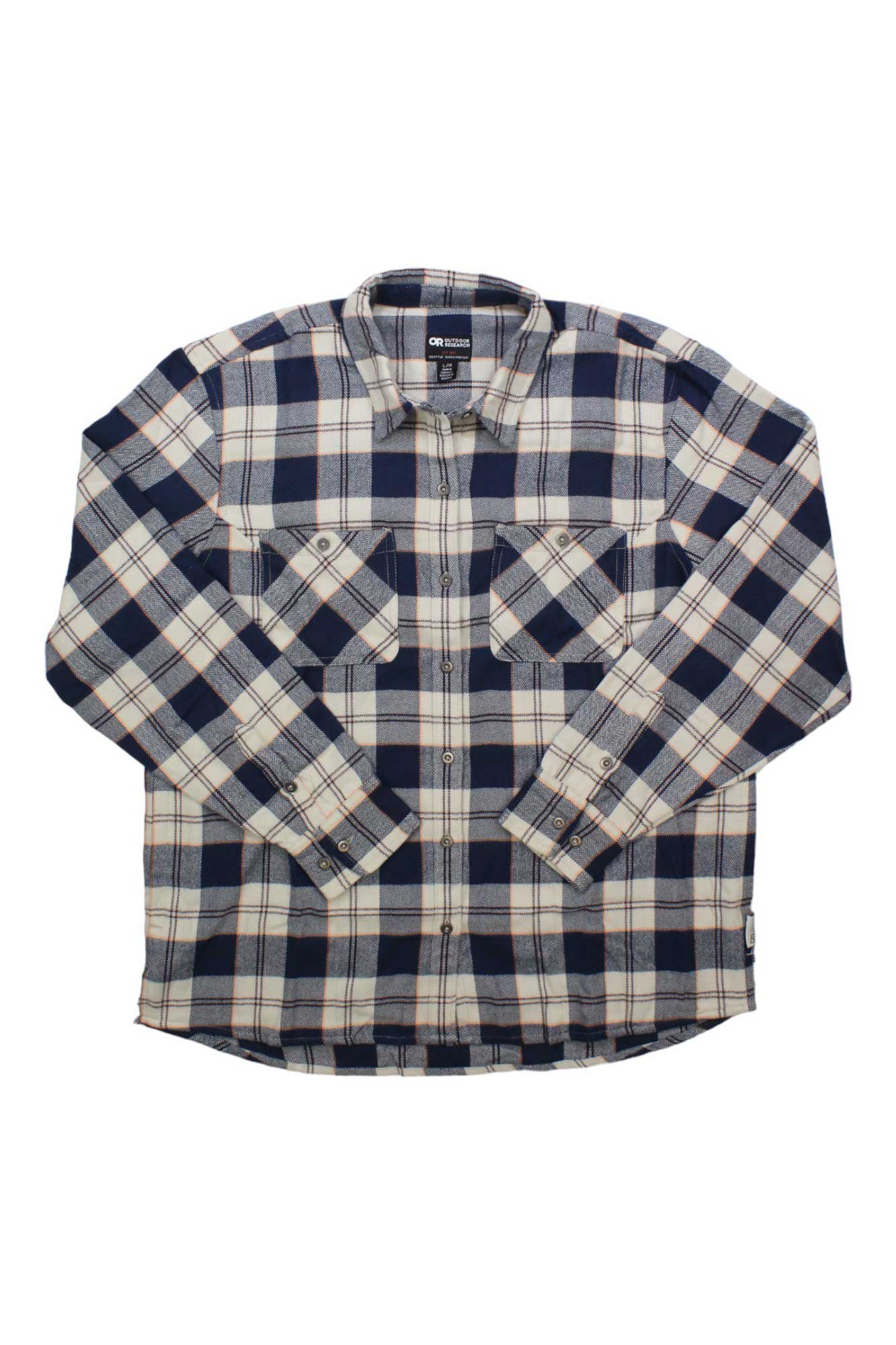 Women’s flannel shirt in navy/cream plaid, button front, two chest pockets