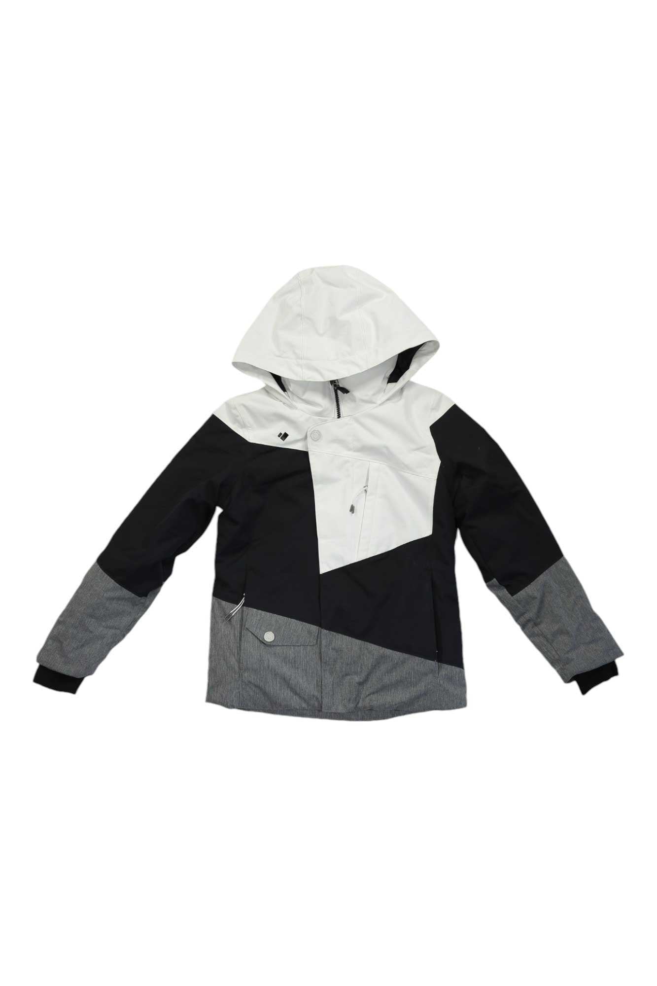 The Obermeyer Girls Taylor Jacket boasts a chic geometric color-block design in black, white, and gray, with a diagonal zipper and multiple pockets. Waterproof and stylish, this kids’ ski jacket is ideal for winter adventures.