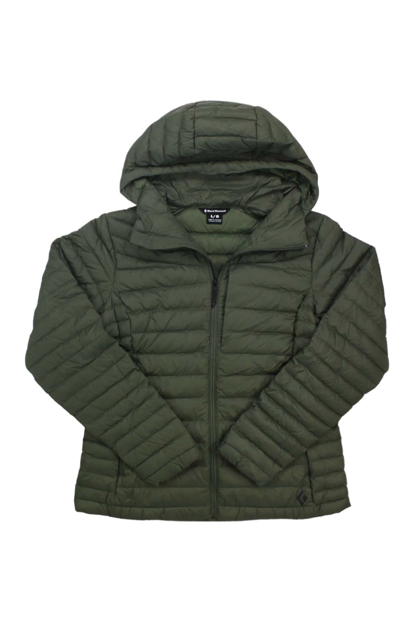 Olive green Black Diamond Womens Access Down Hoody with hood, long sleeves, and front zipper closure, displayed on a white background for stylish warmth.