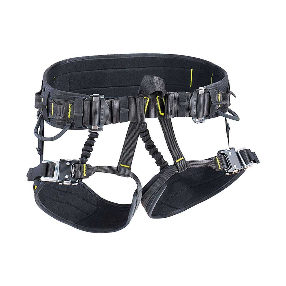 The Edelrid Core Plus Triple Lock Harness offers adjustable leg loops, a padded waist belt, and secure metal buckles, ideal for climbing or working at height.