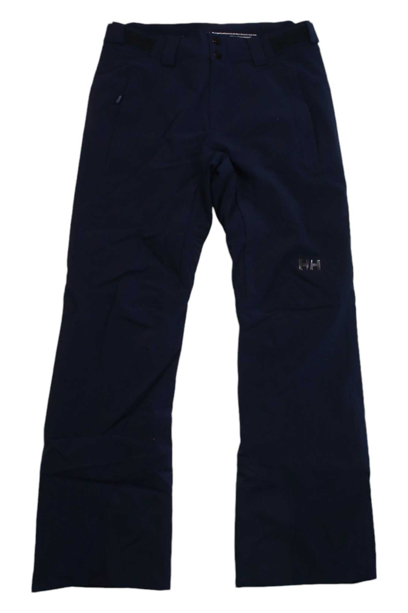 The Helly Hansen Mens Rapid Pant is a pair of black straight-leg waterproof ski pants featuring zipper and button closure, front pockets, and a small logo patch on the upper left thigh.