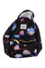 The Herschel Supply Co Nova Mini Backpack is a small black bag featuring a blue and pink floral pattern, gold front pocket zippers, a white rectangular Herschel logo patch on top, and adjustable shoulder straps for comfort.