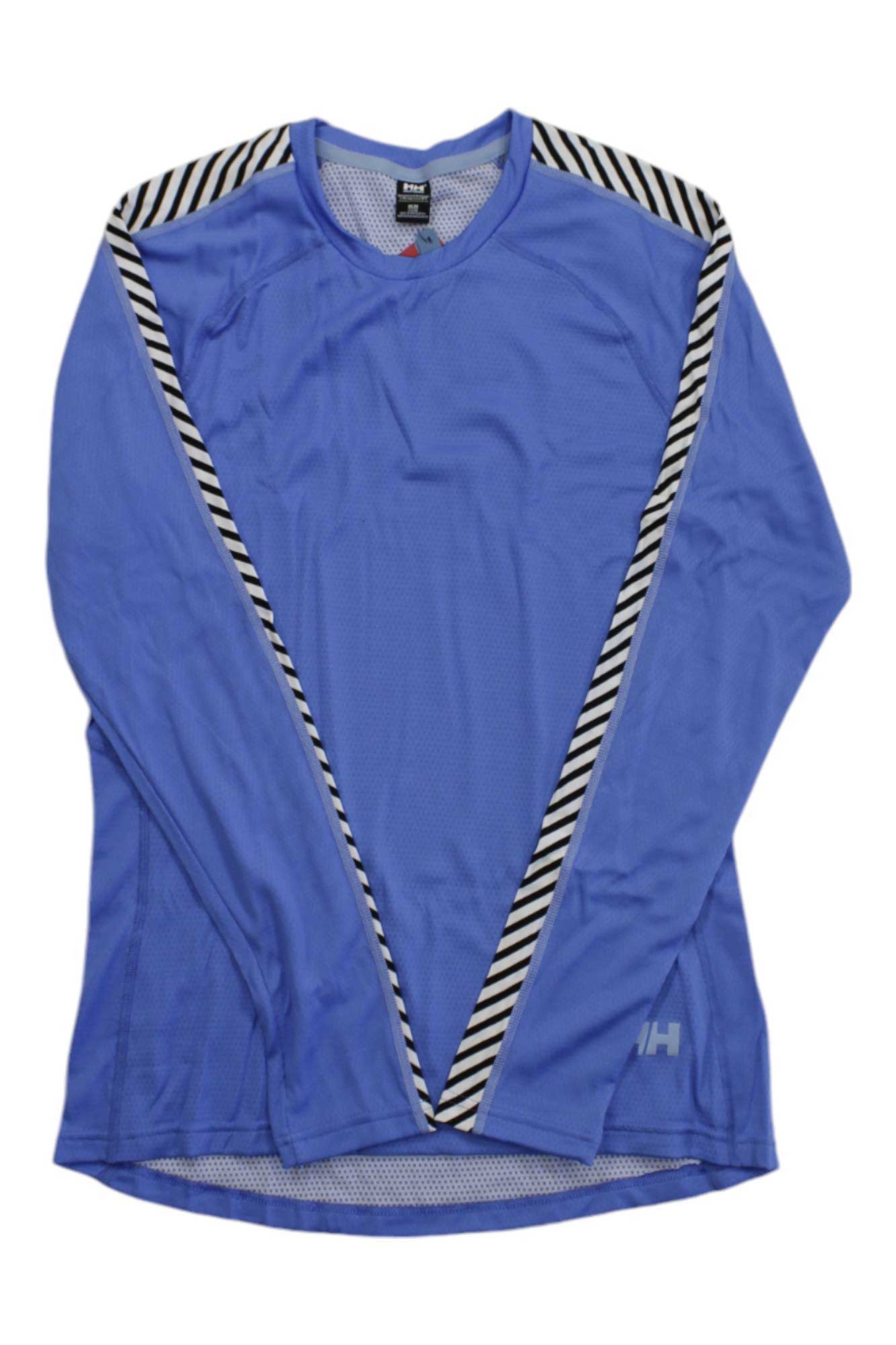 The Helly Hansen Womens Lifa Active Stripe Crew Top is a blue long-sleeve athletic shirt with black and white diagonal shoulder stripes, made with moisture-wicking fabric for hiking, shown flat on a white background.