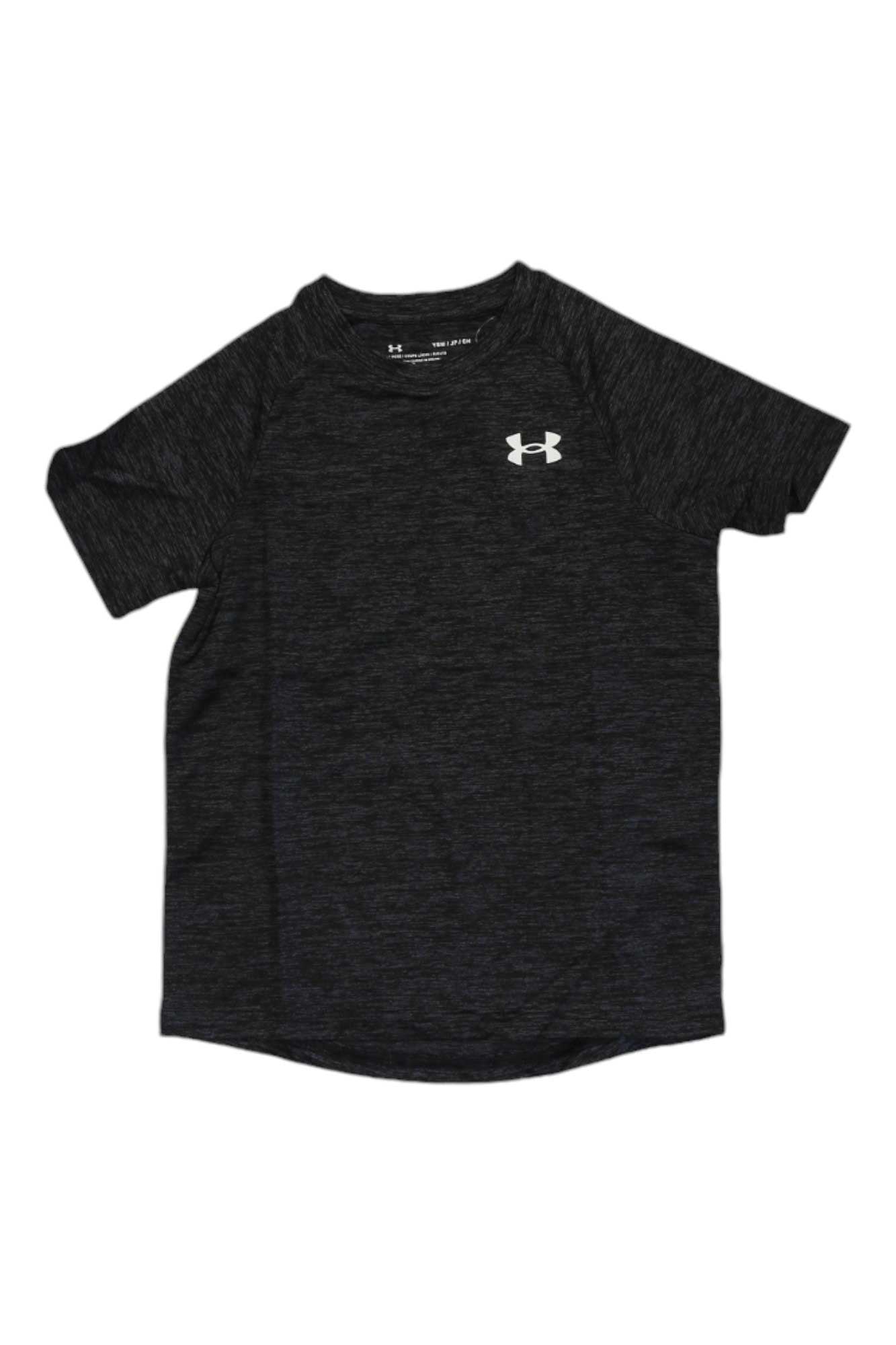 The Under Armour Boy's Tech 2.0 SS is a black, short-sleeve athletic shirt with a subtle heathered pattern and a small white chest logo. Its quick-drying fabric ensures comfort during any activity.