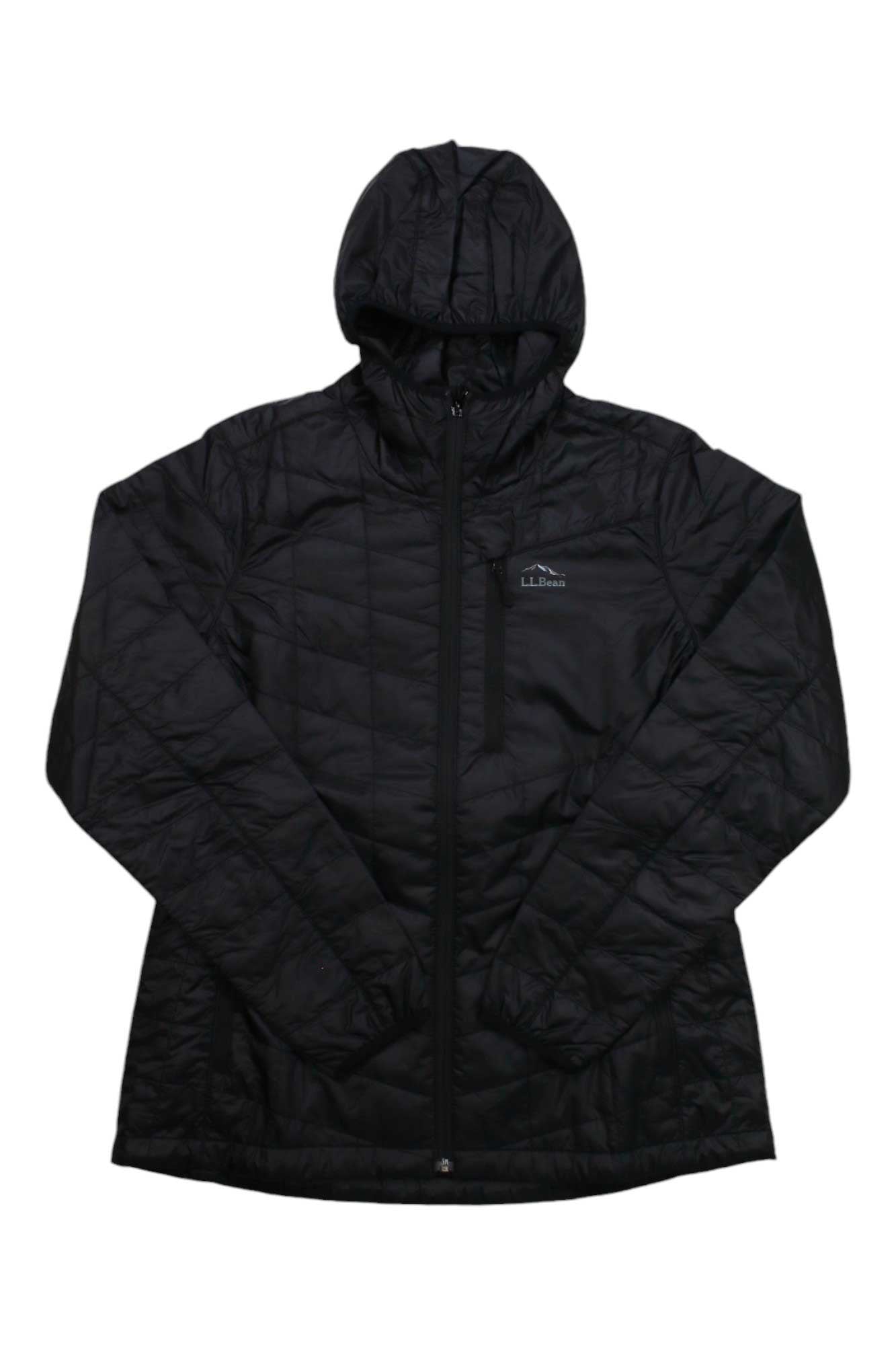 The L.L.Bean Women's Primaloft Packaway Hooded Jacket in black, made from recycled ripstop polyester with a front zipper, long sleeves, and chest logo, is shown packable and laid flat on a white background.