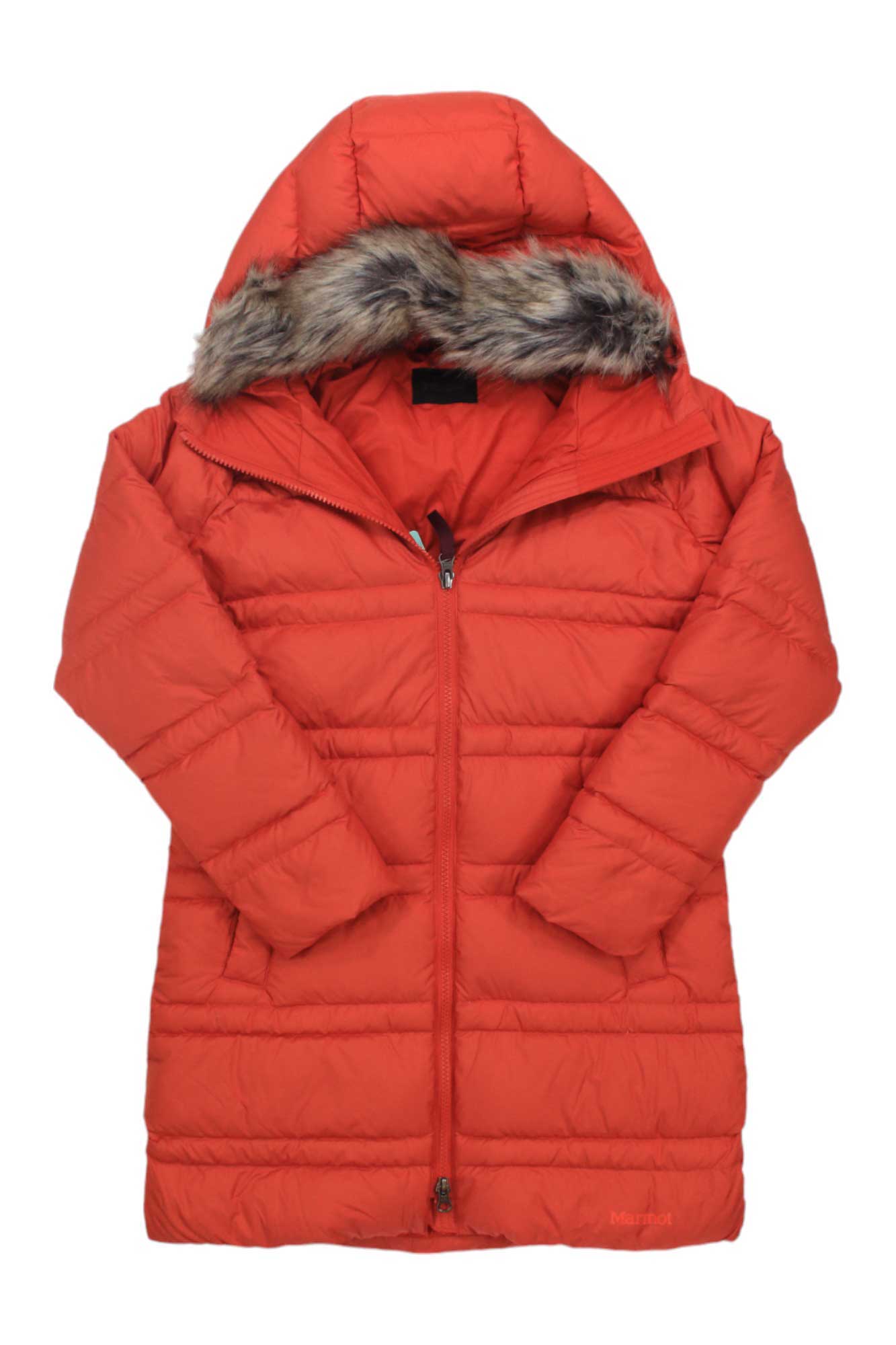 A vibrant orange Kids Montreaux Down Jacket with a brown faux fur–trimmed hood, shown zipped and laid flat on white. Featuring 700-fill-power insulation and water-resistant down, this jacket combines style and warmth.