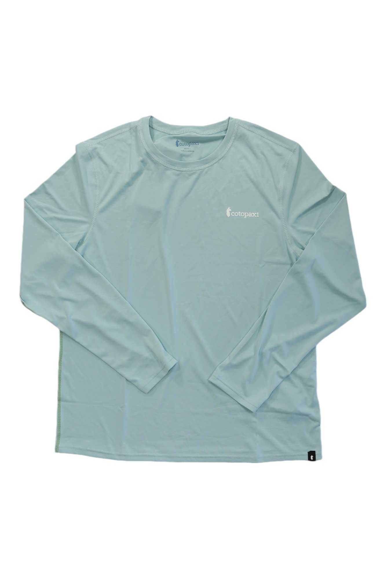 Men's long-sleeve tech tee in sea-glass blue with crew neck and small chest logo
