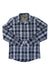 The Eddie Bauer Travex Men’s On the Go Long Sleeve Poplin Shirt, featuring a blue, black, and white plaid pattern, is shown laid flat on a white background.