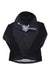 A black Rab Womens Kinetic Alpine 2.0 Jacket is laid flat with the top unzipped, showing a light gray interior lining and blue zipper. The Rab logo appears on the left chest of this waterproof technical shell.