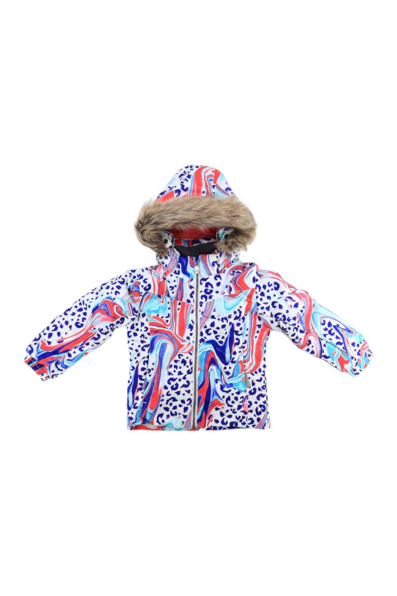 The Spyder Toddler Girls' Lola Jacket features Primaloft insulation, a fur-trimmed helmet-compatible hood, and a vibrant swirling pattern in red, blue, teal, and purple with leopard spots, shown on a white background.