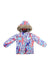 The Spyder Toddler Girls' Lola Jacket features Primaloft insulation, a fur-trimmed helmet-compatible hood, and a vibrant swirling pattern in red, blue, teal, and purple with leopard spots, shown on a white background.