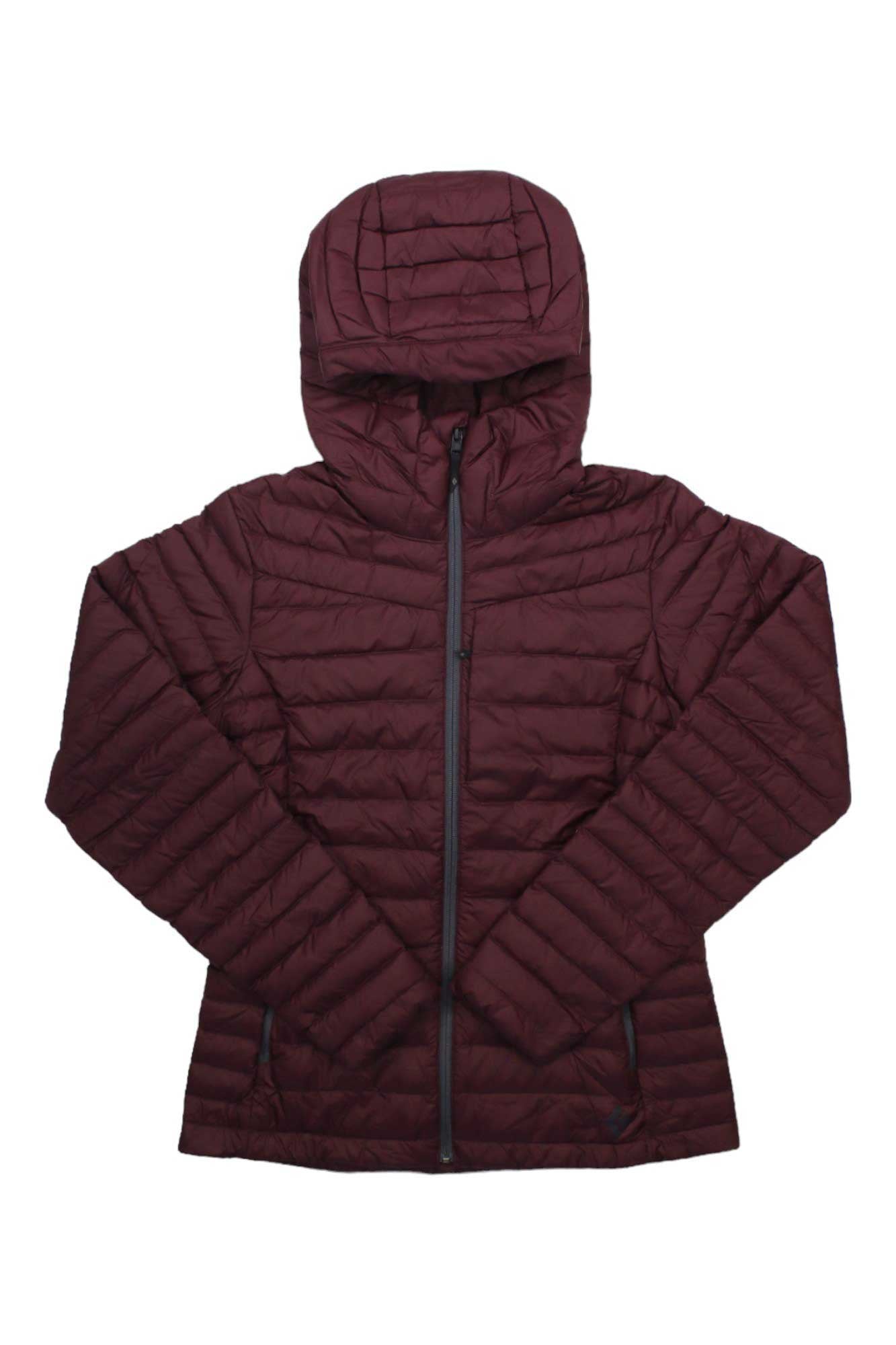 The Black Diamond Womens Access Down Hoody in maroon features quilted insulation, a front zipper closure, and long sleeves, shown against a white background.