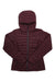 The Black Diamond Womens Access Down Hoody in maroon features quilted insulation, a front zipper closure, and long sleeves, shown against a white background.