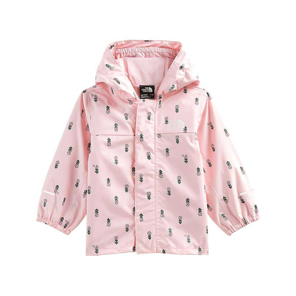 The North Face Infant Antora Rain Jacket in light pink features small cactus prints, elastic cuffs, and eco-friendly materials. Displayed against a white background.