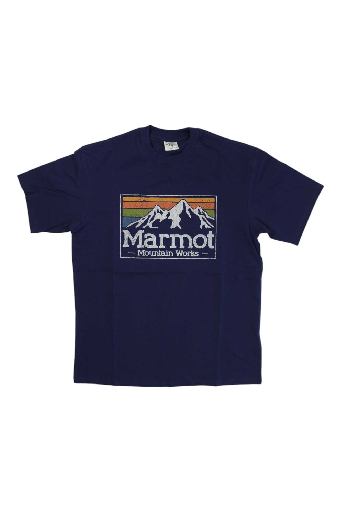 Men's short-sleeve T-shirt with Marmot Mountain Works chest graphic, dark navy