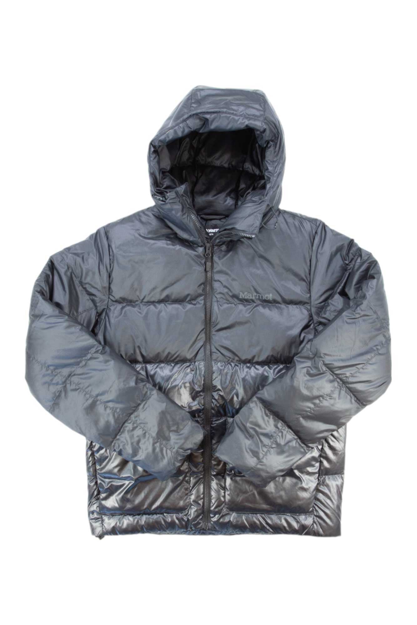 The Marmot Mens Guides Down Hoody, in shiny metallic gray with 700 fill down, features a hood, front zipper, side pockets, and the Marmot logo on the left chest—an ideal hiking jacket shown on a white background.