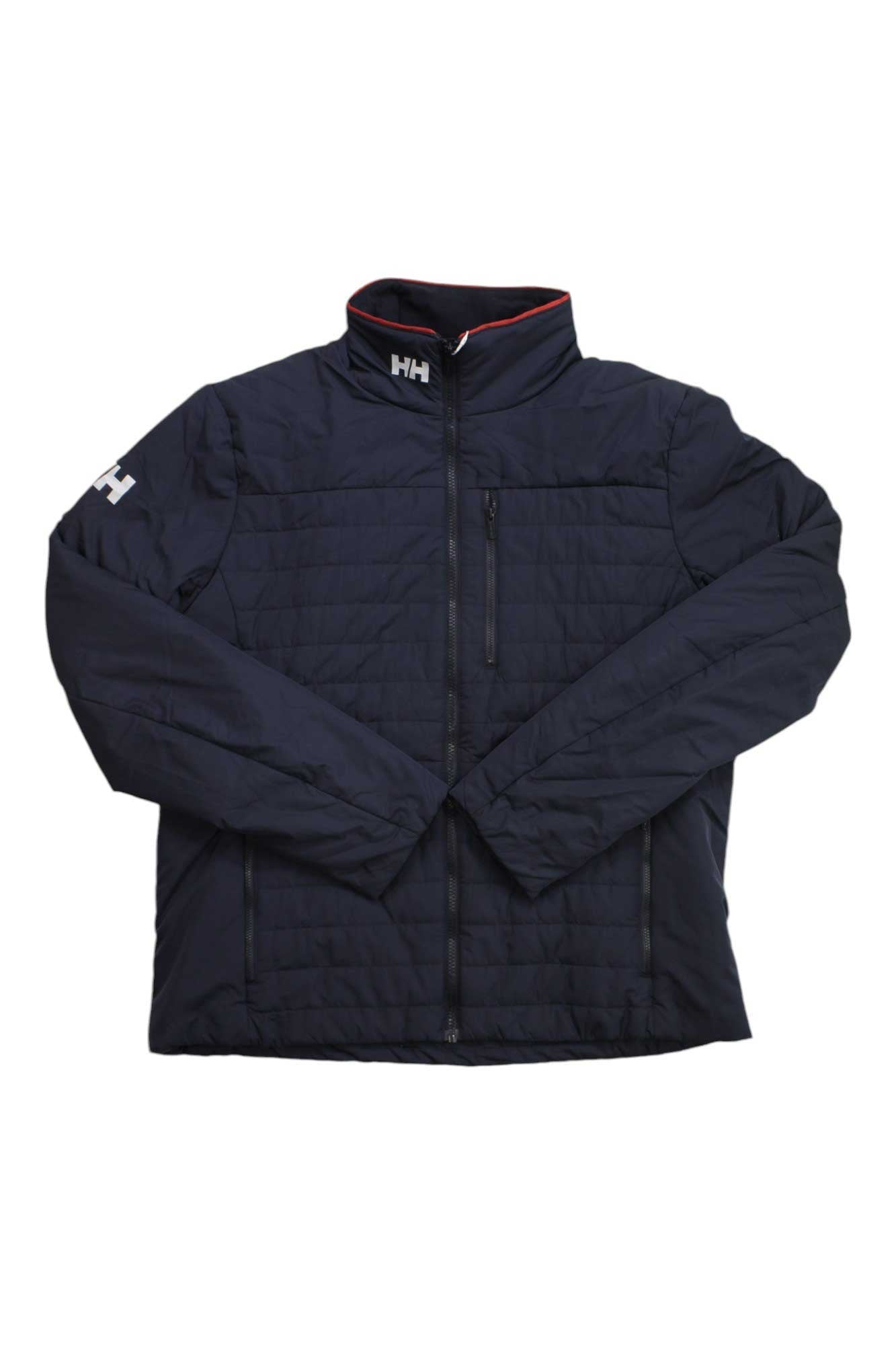 The Helly Hansen Mens Crew Insulator 2.0 Jacket is a navy blue sailing jacket with a front zipper, high collar, white HH logos on the chest and sleeve, zippered pockets, insulation, and a subtle grid pattern.