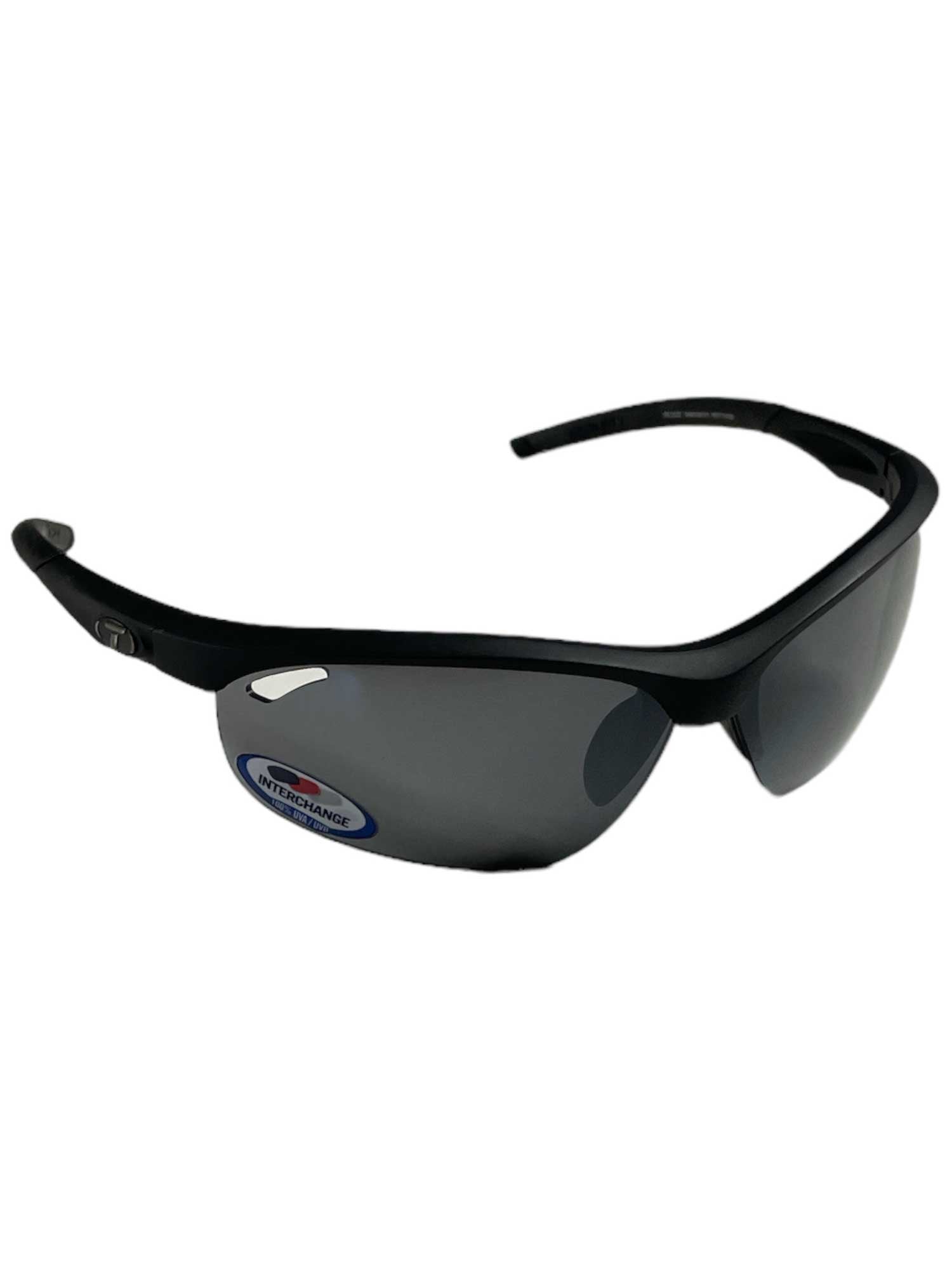 The Tifosi Women's Veloce Sunglasses feature a sleek, wraparound design with curved, dark-tinted lenses offering UV protection. A sticker on one lens reads INTERCHANGE, and the slightly thick arms add a bold touch.