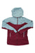 The Dynafit Womens Beast Hybrid Jacket features a maroon body with light blue helmet-compatible hood, sleeves, and shoulders. It includes a front zipper, zippered pockets, and a small chest logo. Perfect for outdoor waterproof protection.