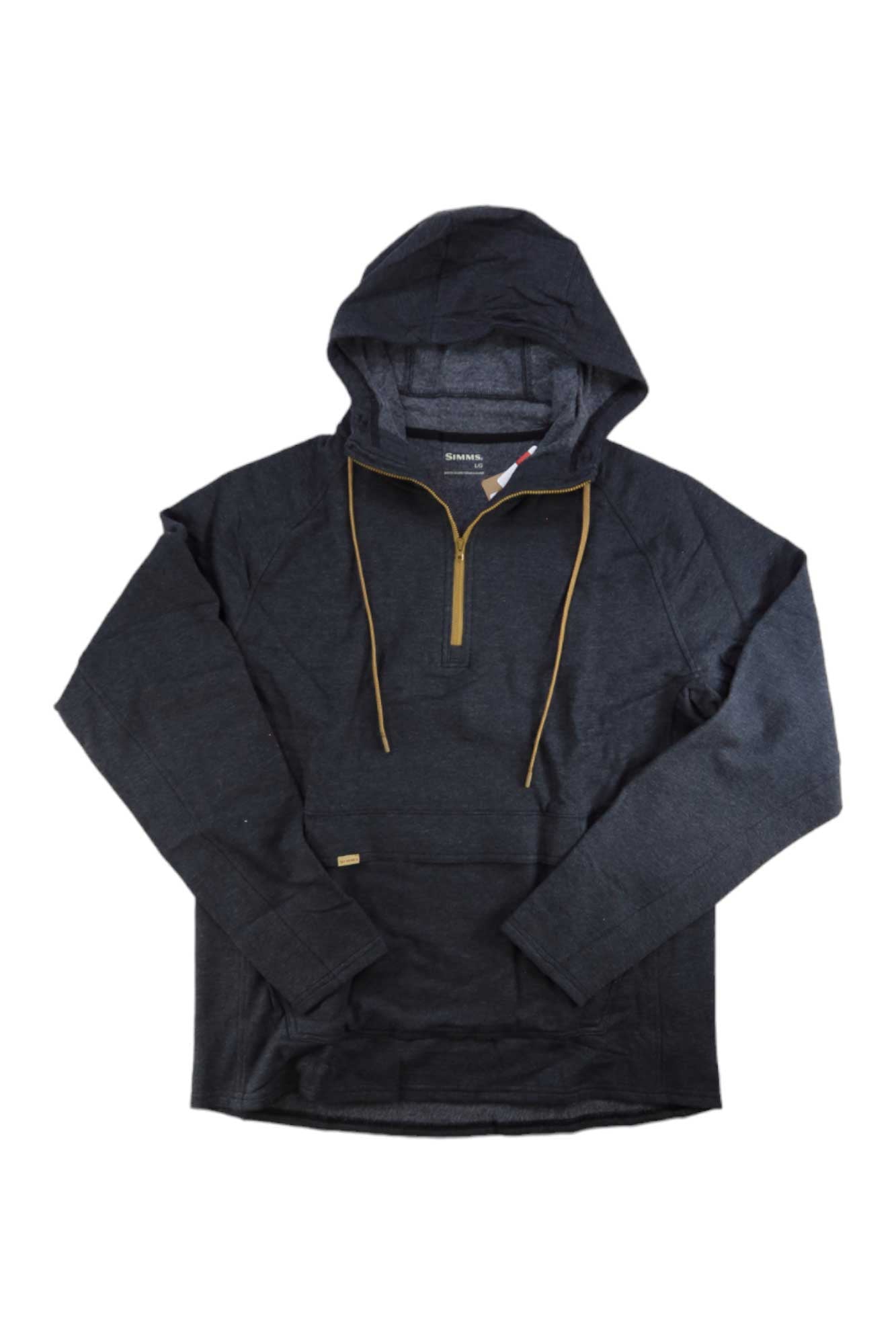 A Simms Men's Vermilion Hoody in dark gray, shown flat on a white background. This pullover fishing hoodie has a front half-zip closure with a tan zipper, long sleeves, and a relaxed fit.
