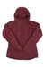 The Rab Womens Cubit Stretch Down Hoody in maroon is a water-resistant, recycled down jacket with quilted stitching, long sleeves, and a front zipper. Shown flat on a white background, it offers warmth and sustainable style.