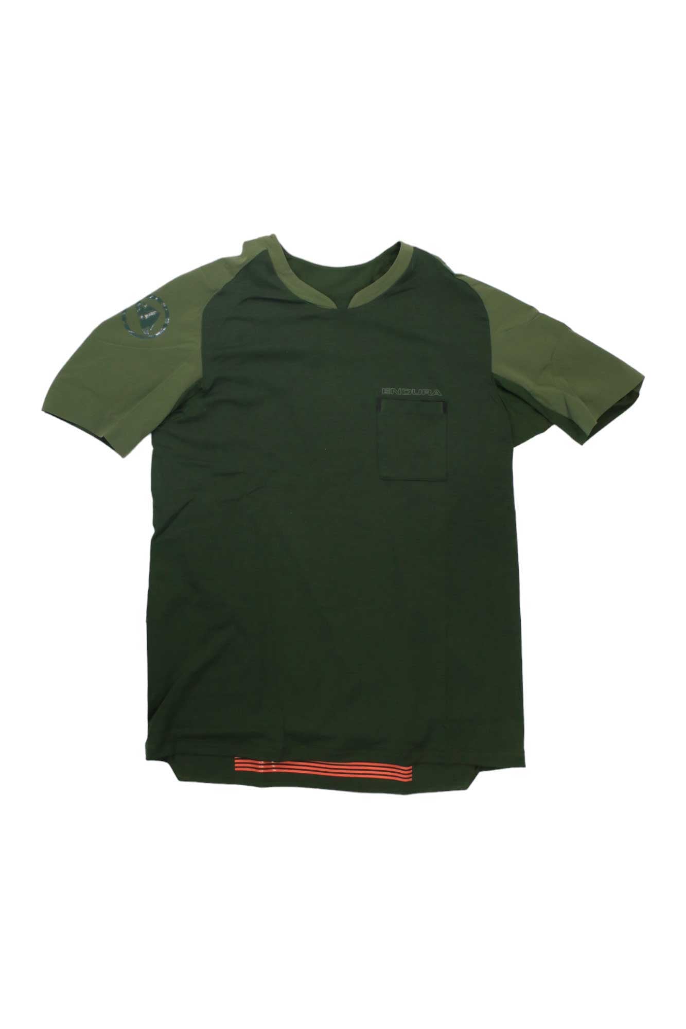 The Endura Mens GV500 Foyle Top is a short-sleeved, dark green merino-blend cycling shirt with olive sleeves and shoulders, a chest pocket, left sleeve patch, and red-yellow stripes at the hem for a bike-ready fit.