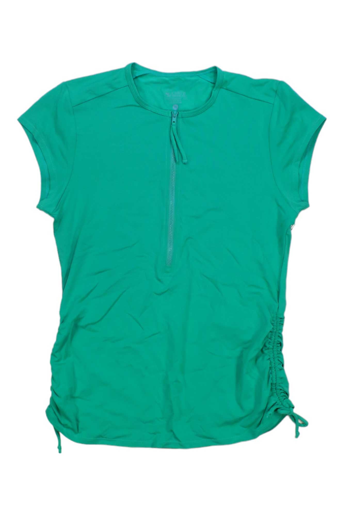 The Carve Designs Women's Dawson Rashguard is a bright green swim shirt with short sleeves, UPF 50+ protection, front zipper, gathered side details, and a round neckline, shown laid flat on a white background.