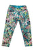 Womens Roxanne Capris with a tropical leaf print in green, pink, and blue. Made of micropoly performance jersey, featuring a mid-rise waist and cropped length. Perfect for yoga. Shown flat on a white background.