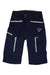 The Norrona Women's Fjora Flex1 Short is a pair of dark blue recycled nylon shorts with multiple white zippered pockets and a white logo on the right thigh, shown against a white background.