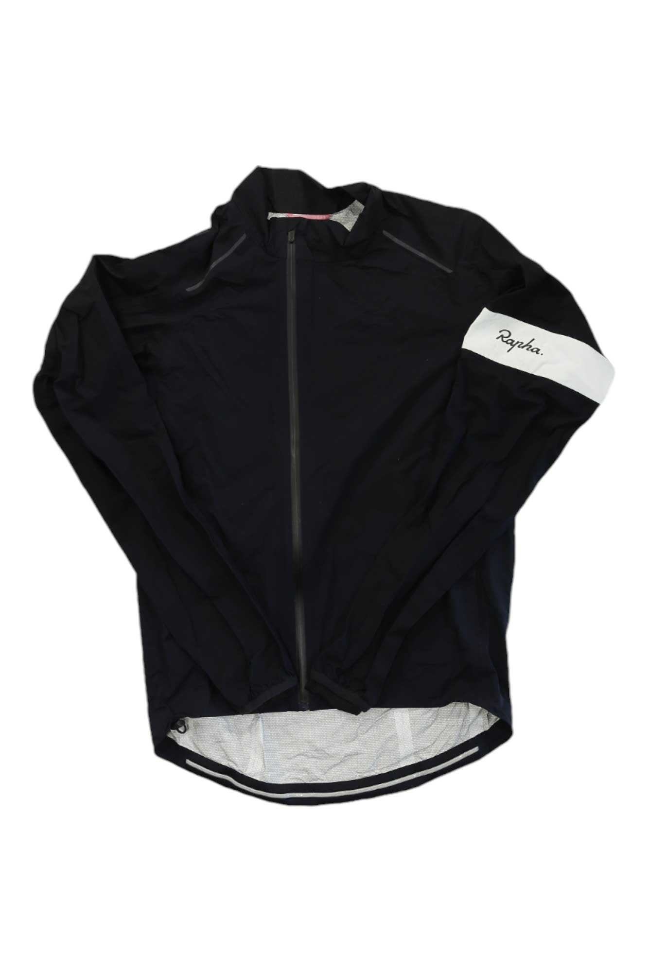 Black rain jacket with front zipper, stand collar, and white shoulder logo band