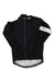 Black rain jacket with front zipper, stand collar, and white shoulder logo band