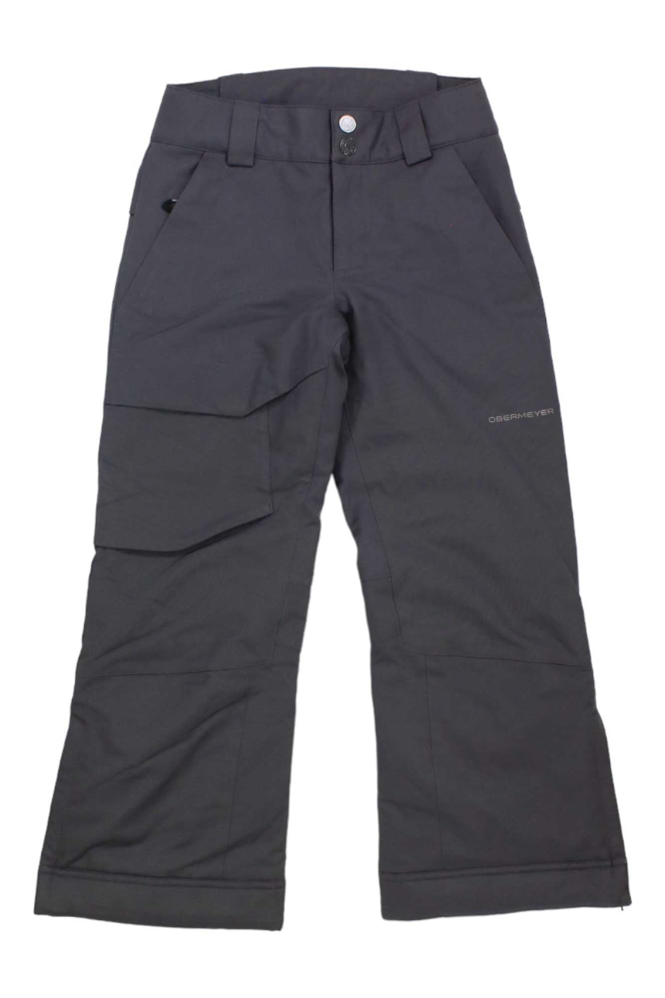 The Obermeyer Teen Boys Brisk Pant, in dark gray, features waterproof fabric, button and zipper closure, side pockets, an adjustable waist, and a left-leg cargo pocket, shown against a white background.