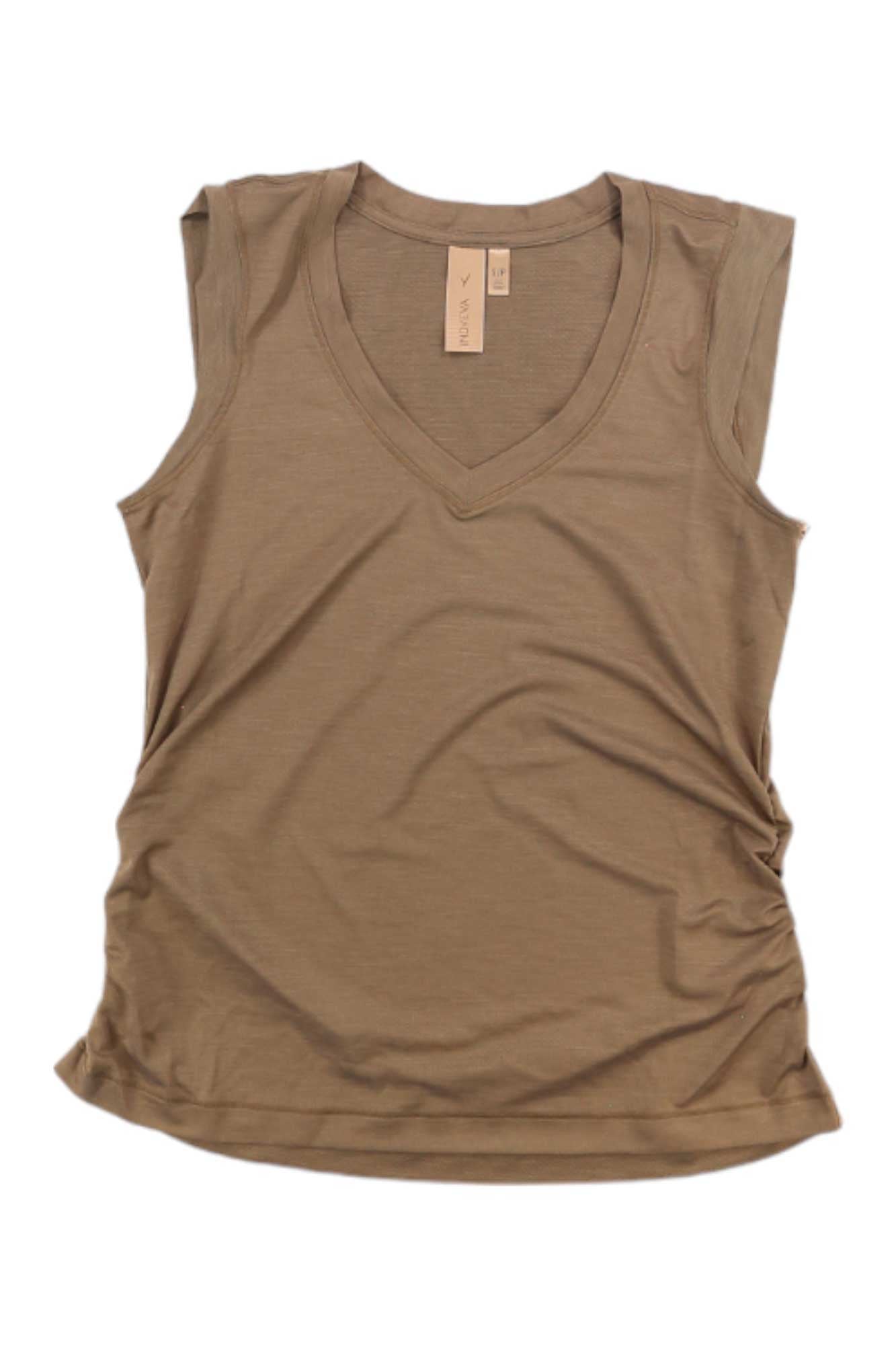 Women’s sleeveless V-neck top in taupe, draped front with side ruching