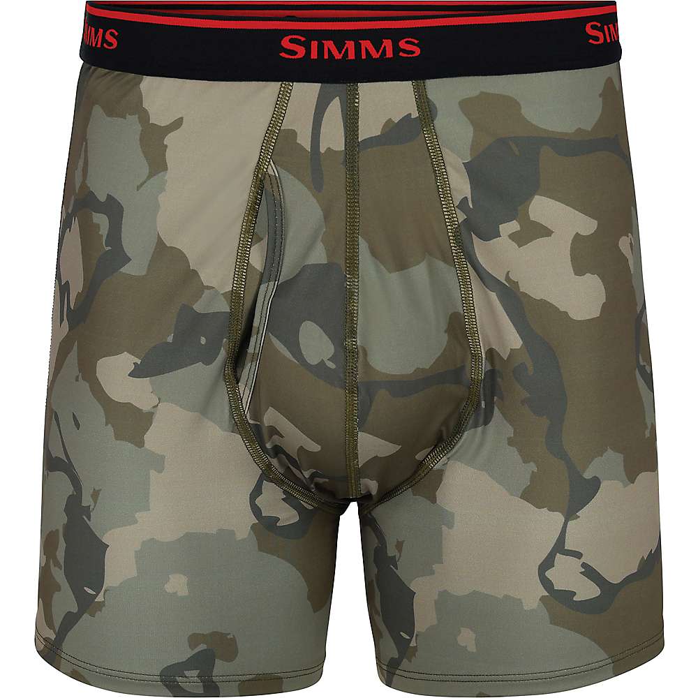 Men's boxer briefs in olive/gray camo, navy waistband with SIMMS logo