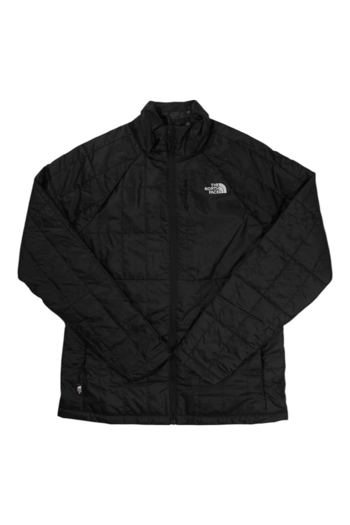 The North Face Women's Circaloft Jacket is a black, long-sleeve zip-up with a stand collar and logo on the left chest, made from lightweight recycled polyester for comfort and warmth.