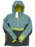 The Spyder Mens Signal Anorak is a teal and dark gray ski jacket with PrimaLoft insulation, yellow accents, chest zipper pocket, and yellow spider logo. "SPYDER" is printed in yellow on the front. A tag with the spider logo hangs from the zipper.