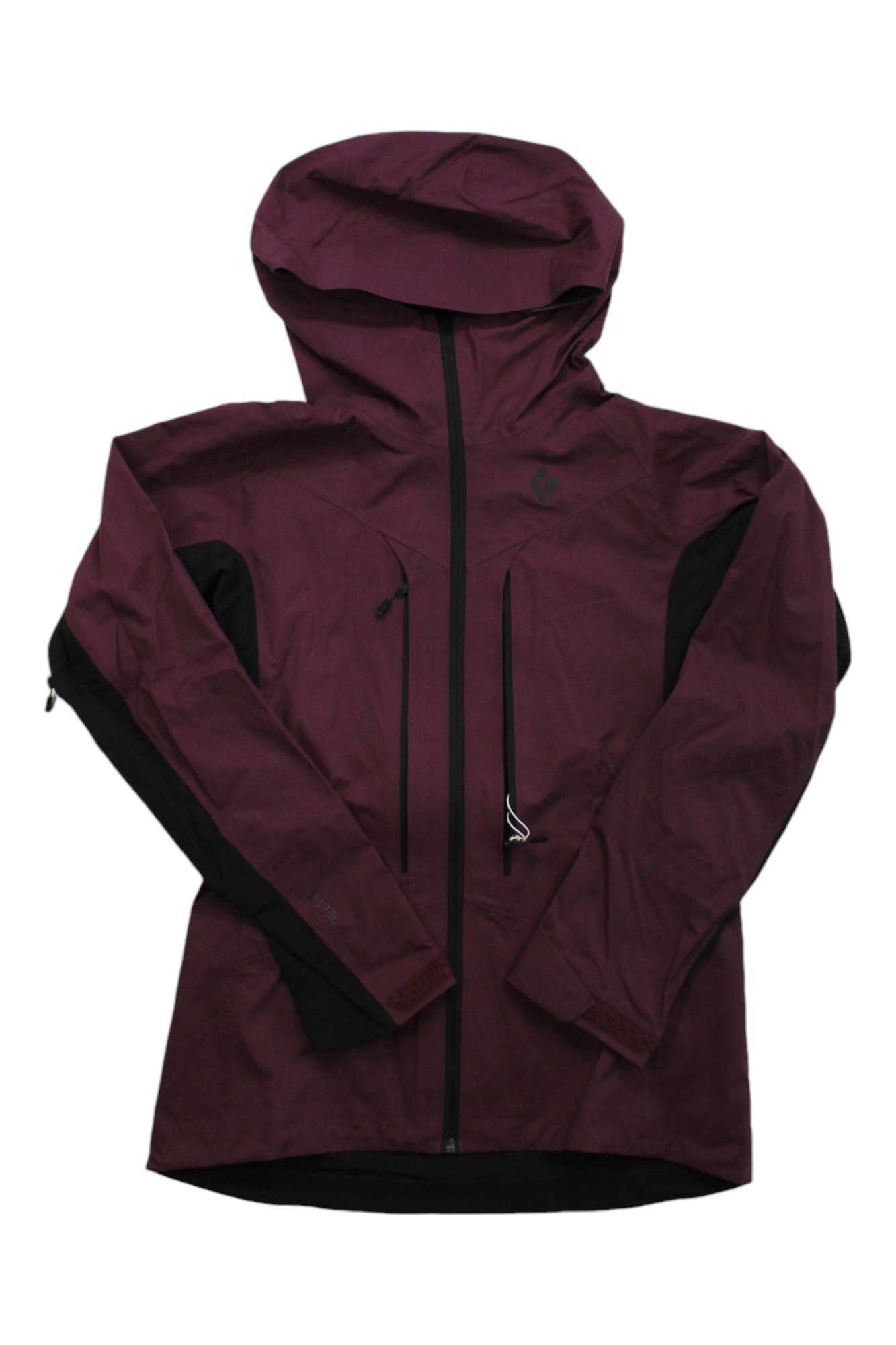 A maroon Black Diamond Women's Dawn Patrol Hybrid Shell Jacket with black accents on the inner sleeves, front zipper, and chest pockets is shown laid flat on a white background. Ideal waterproof softshell for active winter days.